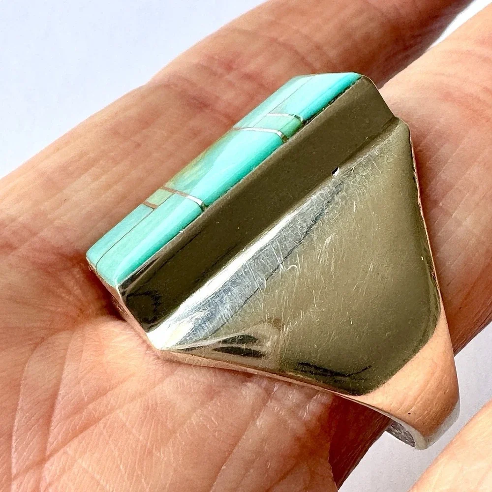 Navajo Turquoise Mens Ring Sz 13 Signed WG Sterling Inlay Rect‎ Native American